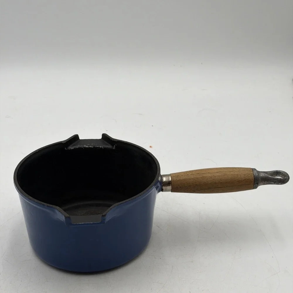 VTG Le Creuset Blue Enameled Cast Iron 1 QT Double Pour Saucepan W/Wood Handle